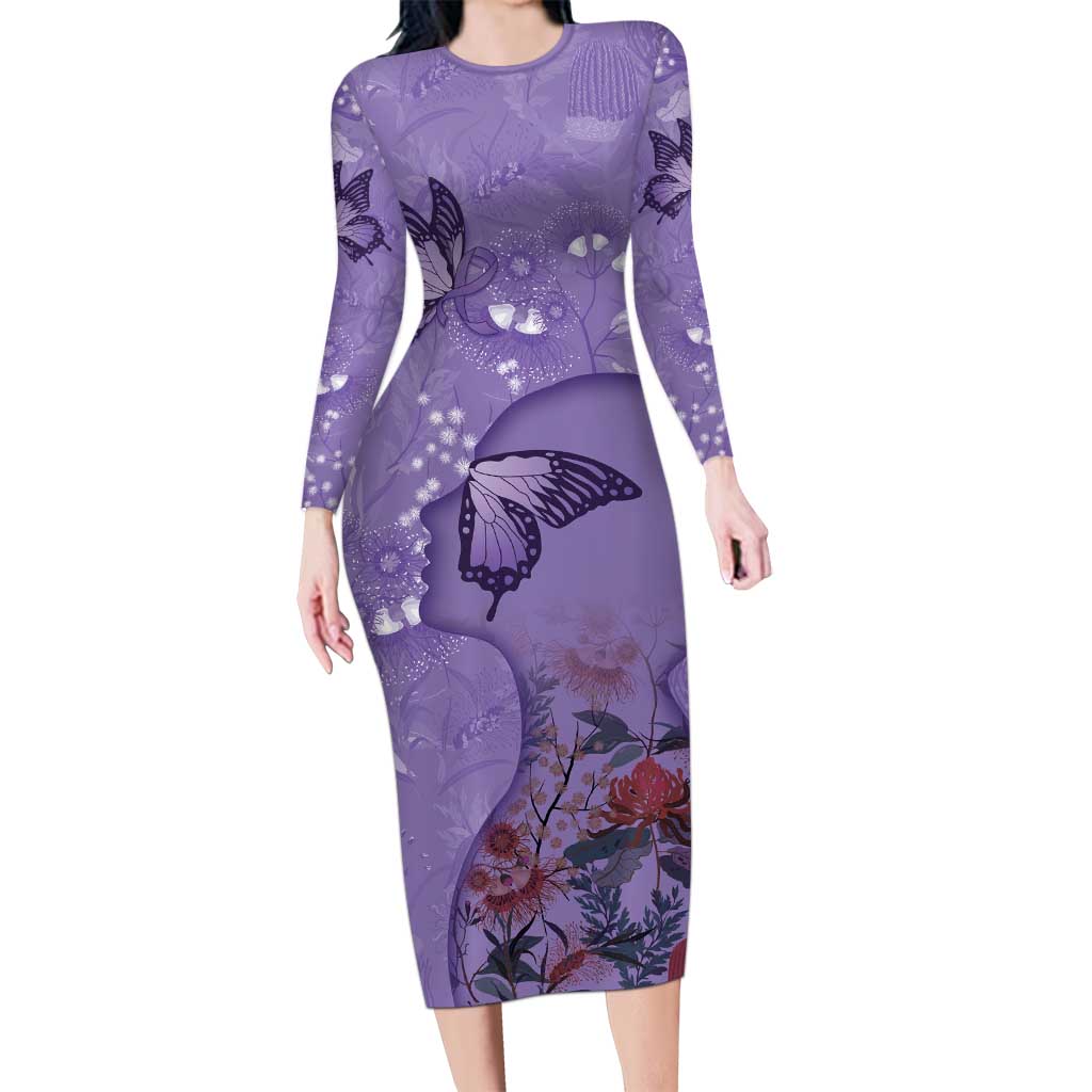 Lupus Cannot Stop Me Australia Floral Long Sleeve Bodycon Dress Purple Ribbon