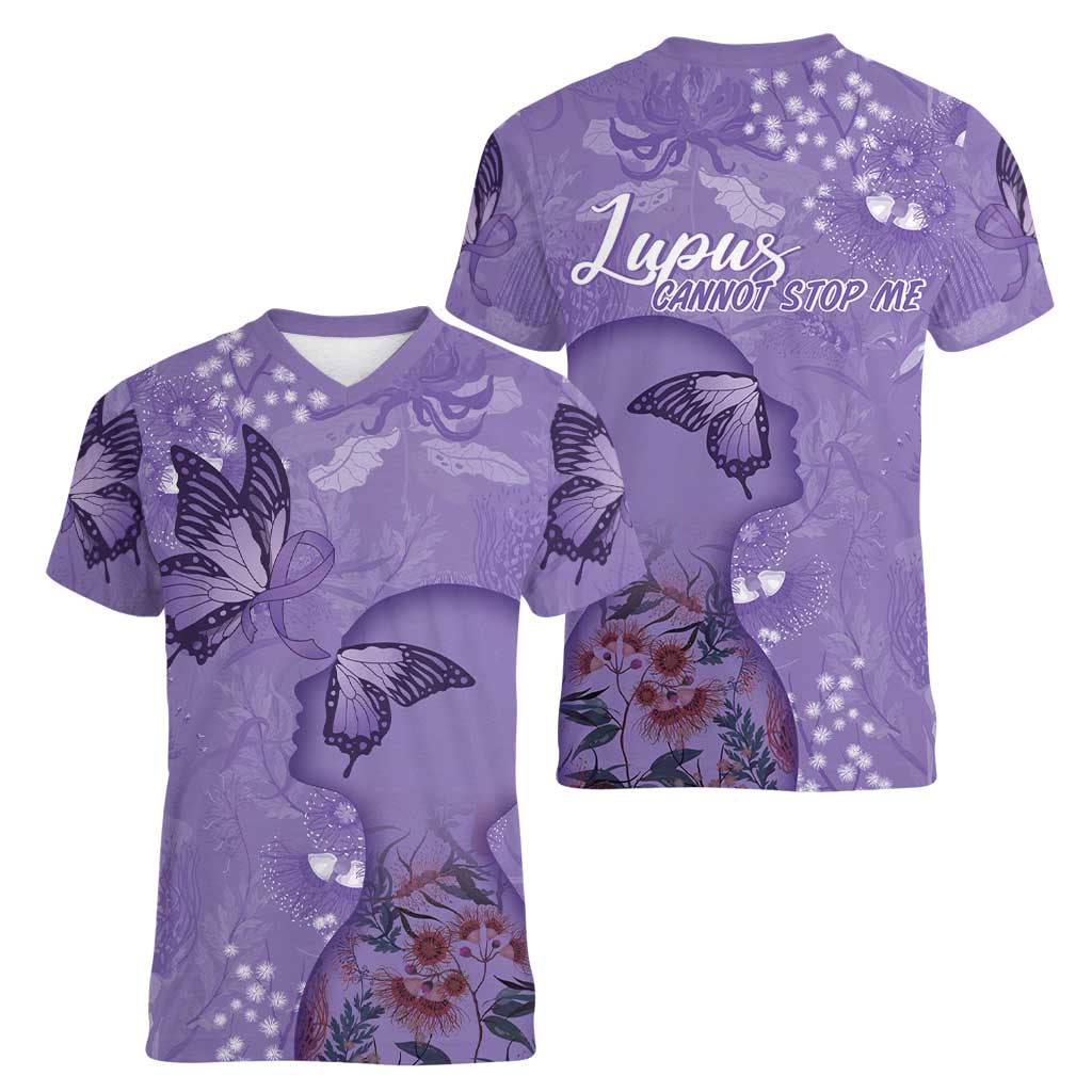 Lupus Cannot Stop Me Australia Floral Women V-Neck T-Shirt Purple Ribbon