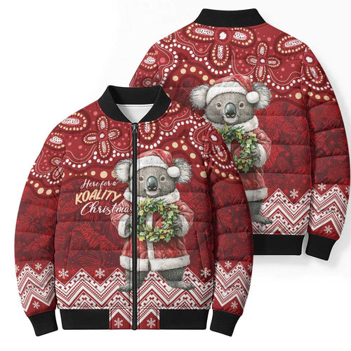 Here For A Koality Xmas Australia Abogirinal Bomber Puffer Jacket Santa Koala - Aussie Hoodie
