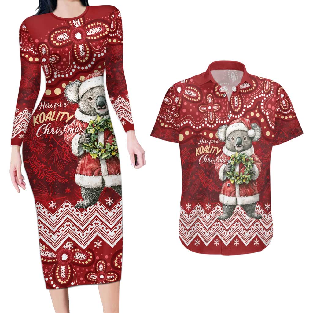 Here For A Koality Xmas Australia Abogirinal Couples Matching Long Sleeve Bodycon Dress and Hawaiian Shirt Santa Koala - Aussie Hoodie