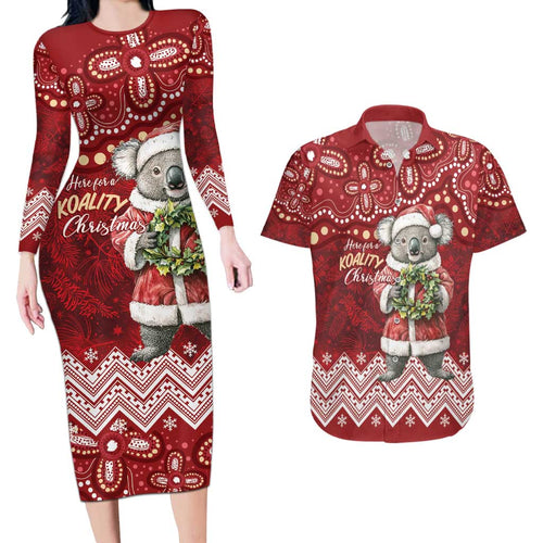 Here For A Koality Xmas Australia Abogirinal Couples Matching Long Sleeve Bodycon Dress and Hawaiian Shirt Santa Koala - Aussie Hoodie