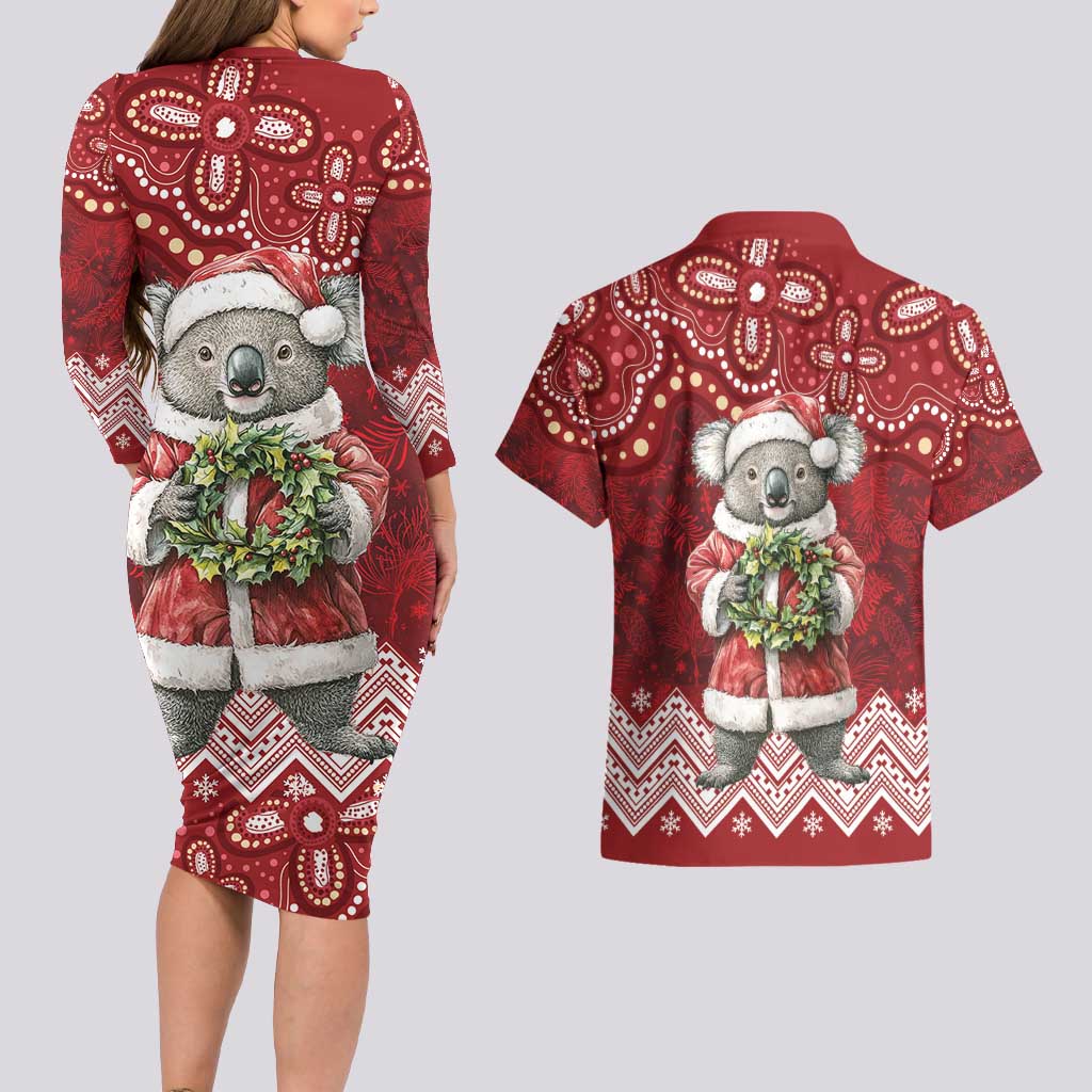 Here For A Koality Xmas Australia Abogirinal Couples Matching Long Sleeve Bodycon Dress and Hawaiian Shirt Santa Koala - Aussie Hoodie