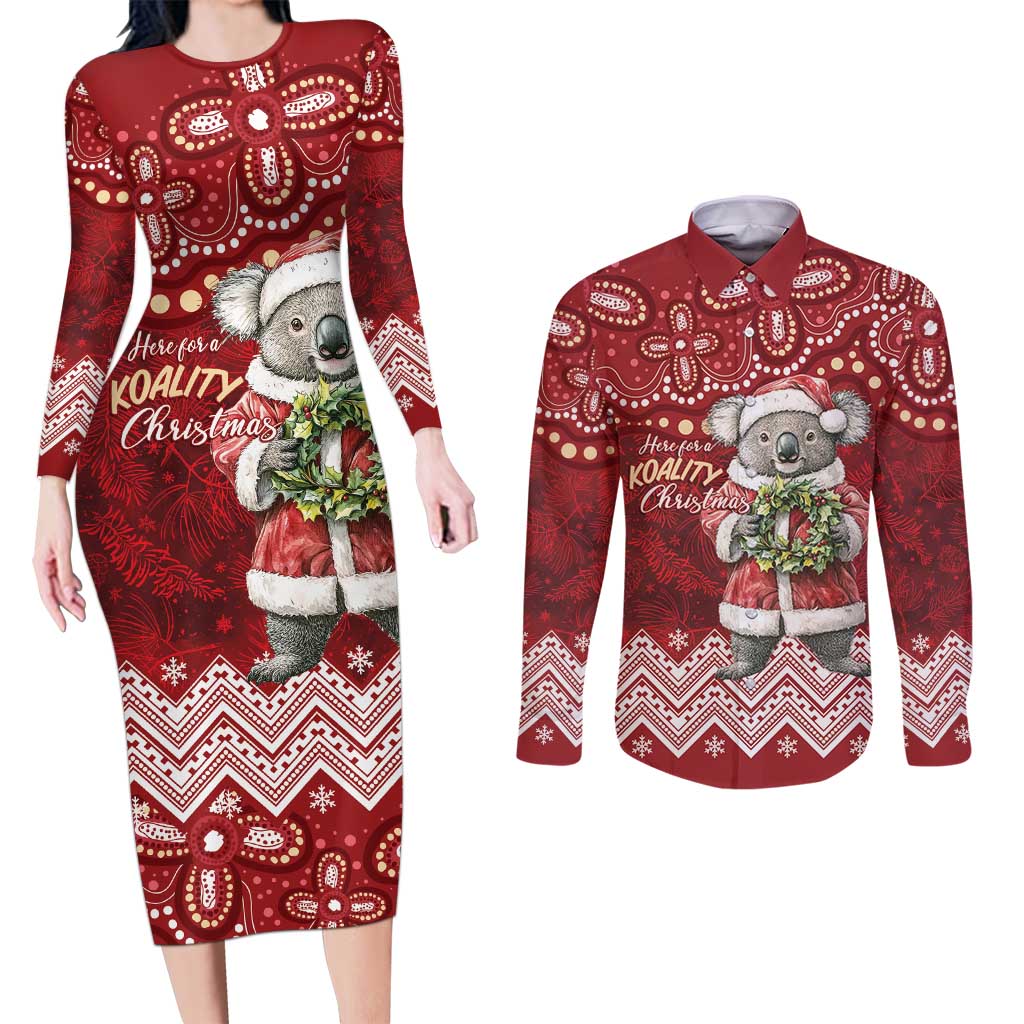Here For A Koality Xmas Australia Abogirinal Couples Matching Long Sleeve Bodycon Dress and Long Sleeve Button Shirt Santa Koala - Aussie Hoodie