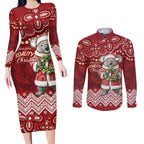 Here For A Koality Xmas Australia Abogirinal Couples Matching Long Sleeve Bodycon Dress and Long Sleeve Button Shirt Santa Koala - Aussie Hoodie