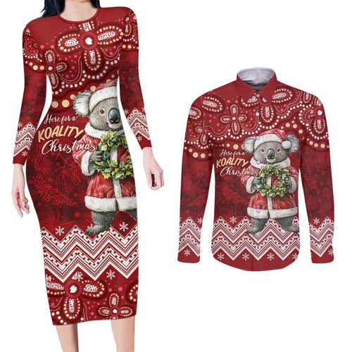 Here For A Koality Xmas Australia Abogirinal Couples Matching Long Sleeve Bodycon Dress and Long Sleeve Button Shirt Santa Koala - Aussie Hoodie