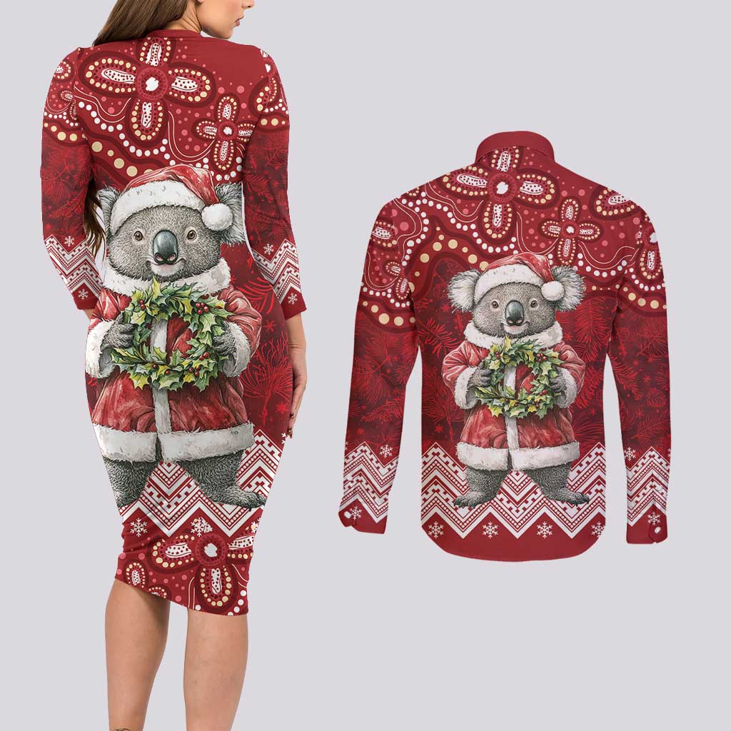 Here For A Koality Xmas Australia Abogirinal Couples Matching Long Sleeve Bodycon Dress and Long Sleeve Button Shirt Santa Koala - Aussie Hoodie