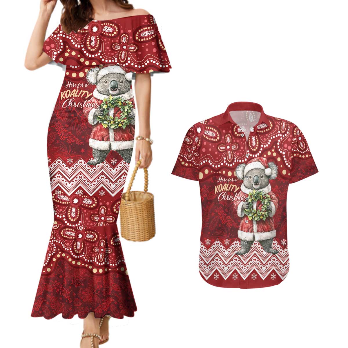 Here For A Koality Xmas Australia Abogirinal Couples Matching Mermaid Dress and Hawaiian Shirt Santa Koala - Aussie Hoodie