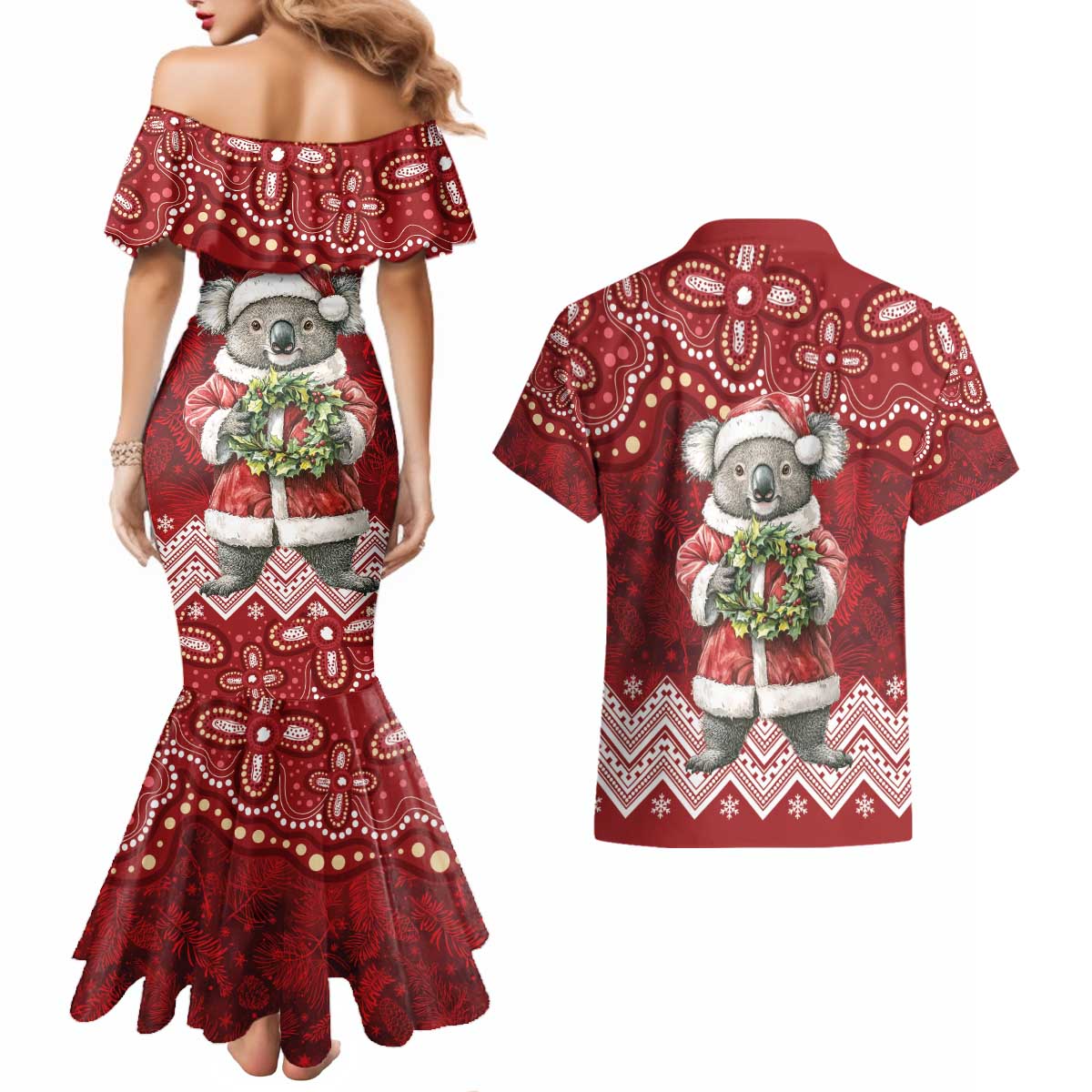 Here For A Koality Xmas Australia Abogirinal Couples Matching Mermaid Dress and Hawaiian Shirt Santa Koala - Aussie Hoodie