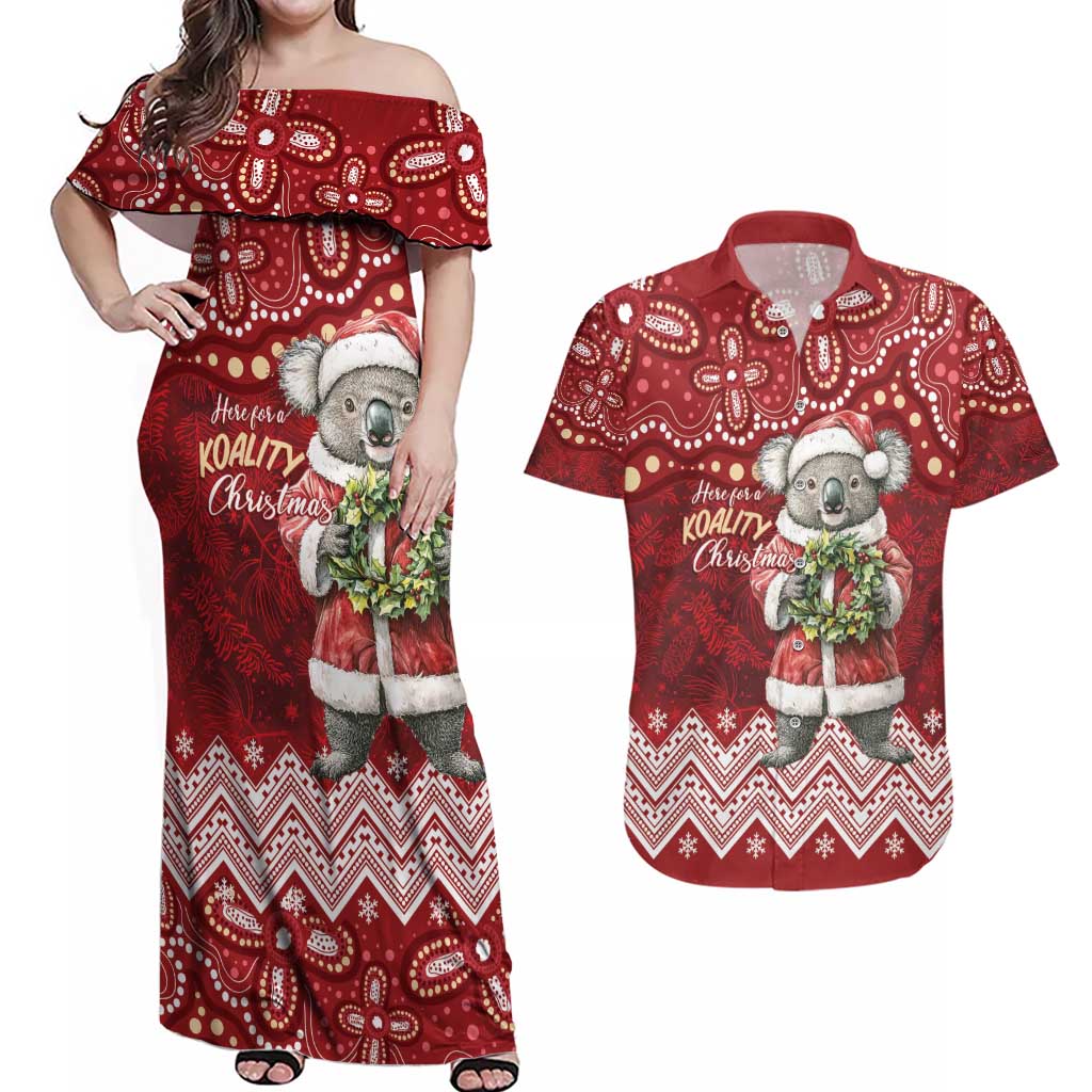 Here For A Koality Xmas Australia Abogirinal Couples Matching Off Shoulder Maxi Dress and Hawaiian Shirt Santa Koala - Aussie Hoodie