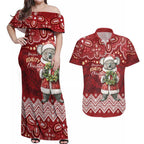Here For A Koality Xmas Australia Abogirinal Couples Matching Off Shoulder Maxi Dress and Hawaiian Shirt Santa Koala - Aussie Hoodie