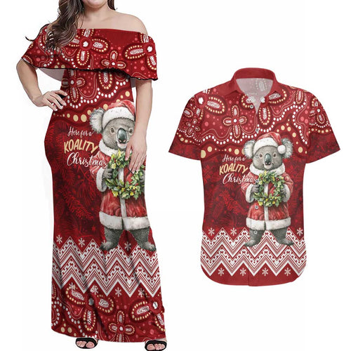 Here For A Koality Xmas Australia Abogirinal Couples Matching Off Shoulder Maxi Dress and Hawaiian Shirt Santa Koala - Aussie Hoodie