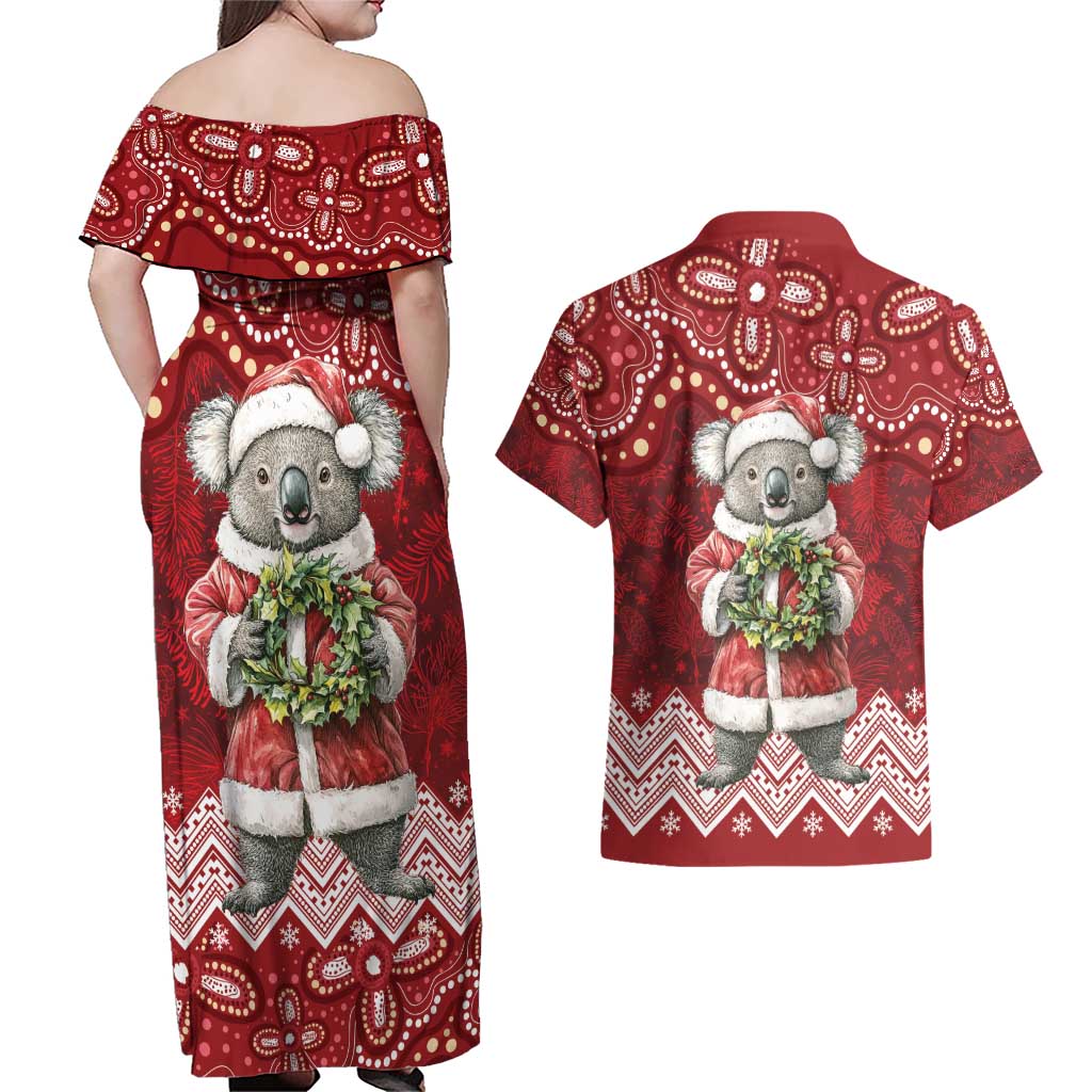 Here For A Koality Xmas Australia Abogirinal Couples Matching Off Shoulder Maxi Dress and Hawaiian Shirt Santa Koala - Aussie Hoodie