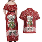 Here For A Koality Xmas Australia Abogirinal Couples Matching Off Shoulder Maxi Dress and Hawaiian Shirt Santa Koala - Aussie Hoodie
