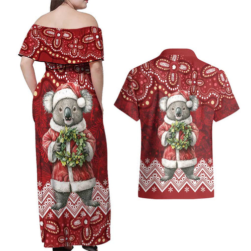 Here For A Koality Xmas Australia Abogirinal Couples Matching Off Shoulder Maxi Dress and Hawaiian Shirt Santa Koala - Aussie Hoodie