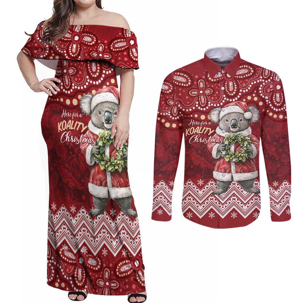 Here For A Koality Xmas Australia Abogirinal Couples Matching Off Shoulder Maxi Dress and Long Sleeve Button Shirt Santa Koala - Aussie Hoodie