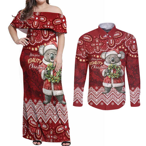 Here For A Koality Xmas Australia Abogirinal Couples Matching Off Shoulder Maxi Dress and Long Sleeve Button Shirt Santa Koala - Aussie Hoodie