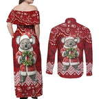 Here For A Koality Xmas Australia Abogirinal Couples Matching Off Shoulder Maxi Dress and Long Sleeve Button Shirt Santa Koala - Aussie Hoodie