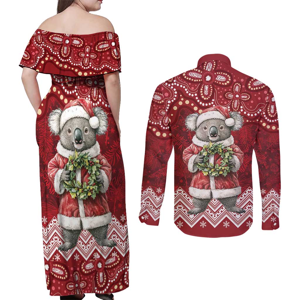 Here For A Koality Xmas Australia Abogirinal Couples Matching Off Shoulder Maxi Dress and Long Sleeve Button Shirt Santa Koala - Aussie Hoodie