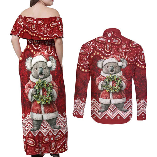 Here For A Koality Xmas Australia Abogirinal Couples Matching Off Shoulder Maxi Dress and Long Sleeve Button Shirt Santa Koala - Aussie Hoodie