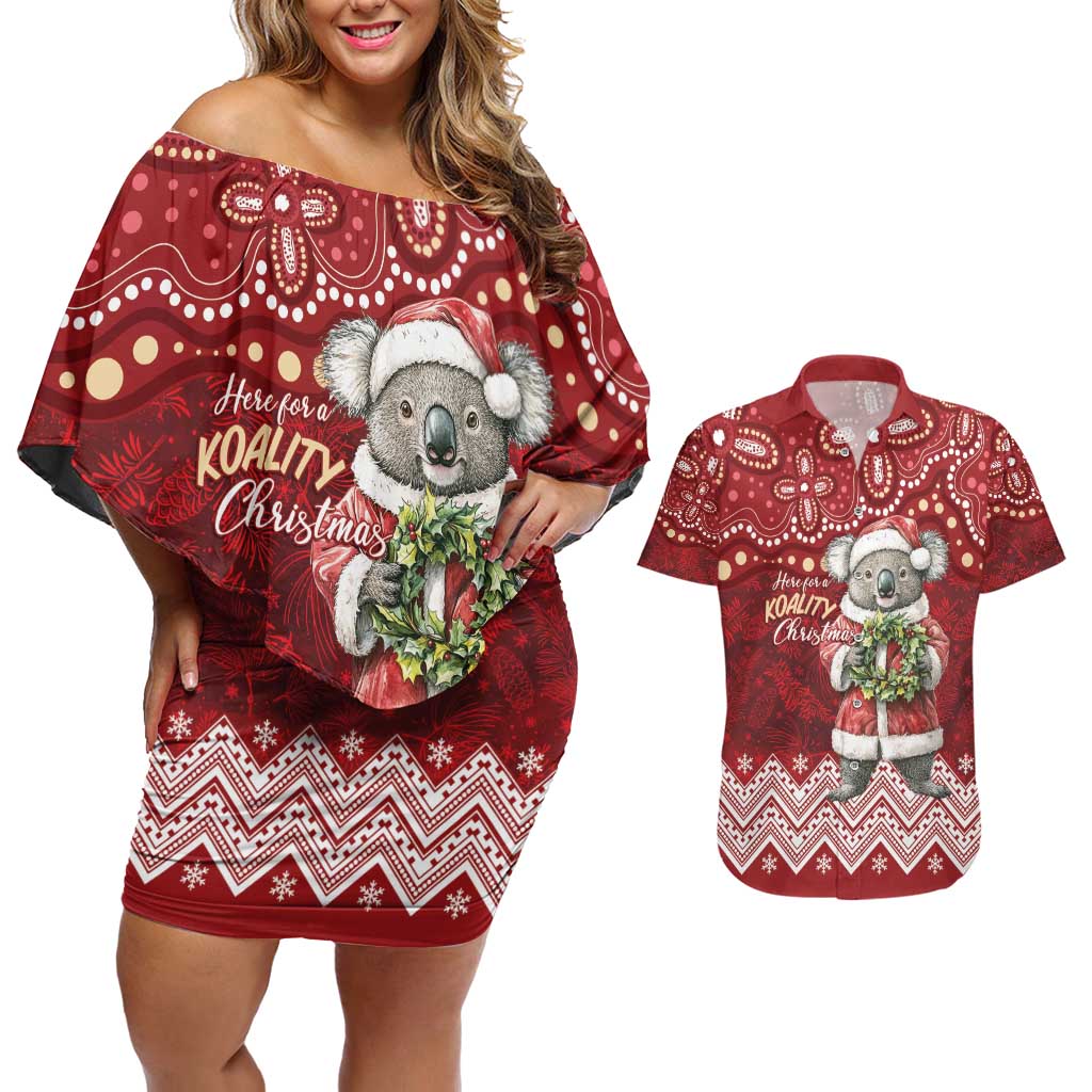 Here For A Koality Xmas Australia Abogirinal Couples Matching Off Shoulder Short Dress and Hawaiian Shirt Santa Koala - Aussie Hoodie