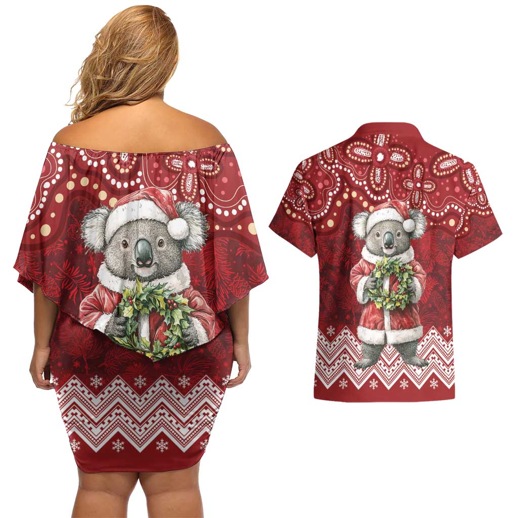 Here For A Koality Xmas Australia Abogirinal Couples Matching Off Shoulder Short Dress and Hawaiian Shirt Santa Koala - Aussie Hoodie