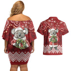 Here For A Koality Xmas Australia Abogirinal Couples Matching Off Shoulder Short Dress and Hawaiian Shirt Santa Koala - Aussie Hoodie