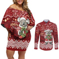 Here For A Koality Xmas Australia Abogirinal Couples Matching Off Shoulder Short Dress and Long Sleeve Button Shirt Santa Koala - Aussie Hoodie