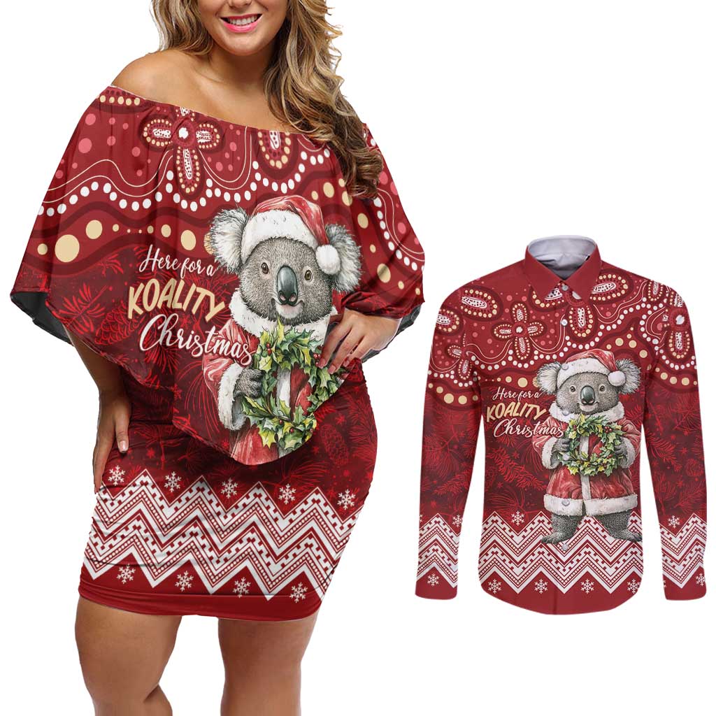 Here For A Koality Xmas Australia Abogirinal Couples Matching Off Shoulder Short Dress and Long Sleeve Button Shirt Santa Koala - Aussie Hoodie