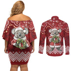 Here For A Koality Xmas Australia Abogirinal Couples Matching Off Shoulder Short Dress and Long Sleeve Button Shirt Santa Koala - Aussie Hoodie