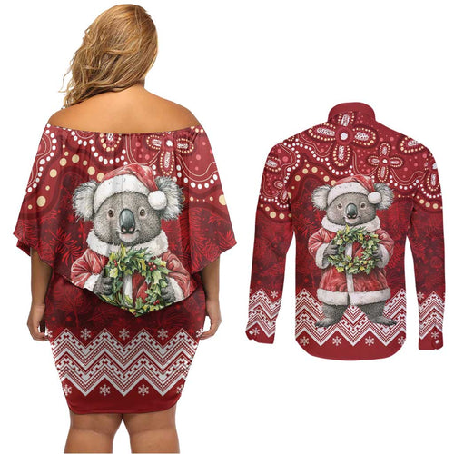 Here For A Koality Xmas Australia Abogirinal Couples Matching Off Shoulder Short Dress and Long Sleeve Button Shirt Santa Koala - Aussie Hoodie