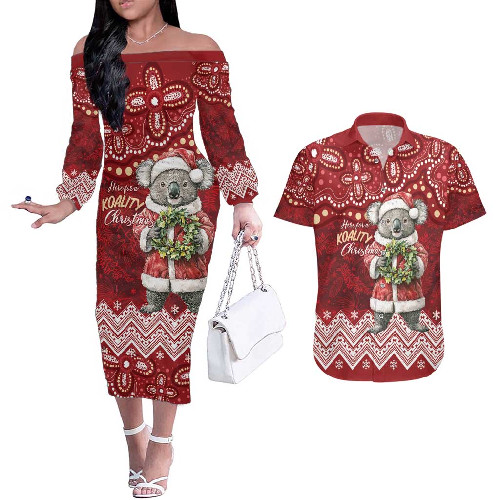 Here For A Koality Xmas Australia Abogirinal Couples Matching Off The Shoulder Long Sleeve Dress and Hawaiian Shirt Santa Koala - Aussie Hoodie
