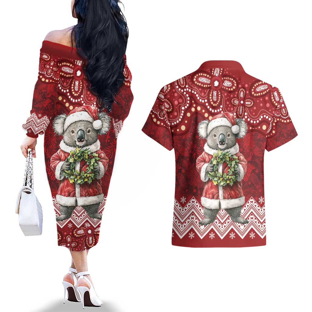 Here For A Koality Xmas Australia Abogirinal Couples Matching Off The Shoulder Long Sleeve Dress and Hawaiian Shirt Santa Koala - Aussie Hoodie