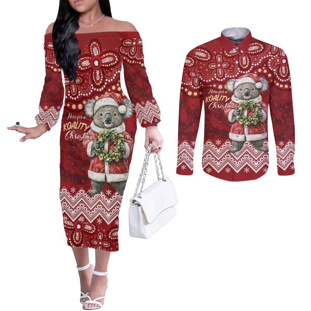 Here For A Koality Xmas Australia Abogirinal Couples Matching Off The Shoulder Long Sleeve Dress and Long Sleeve Button Shirt Santa Koala - Aussie Hoodie