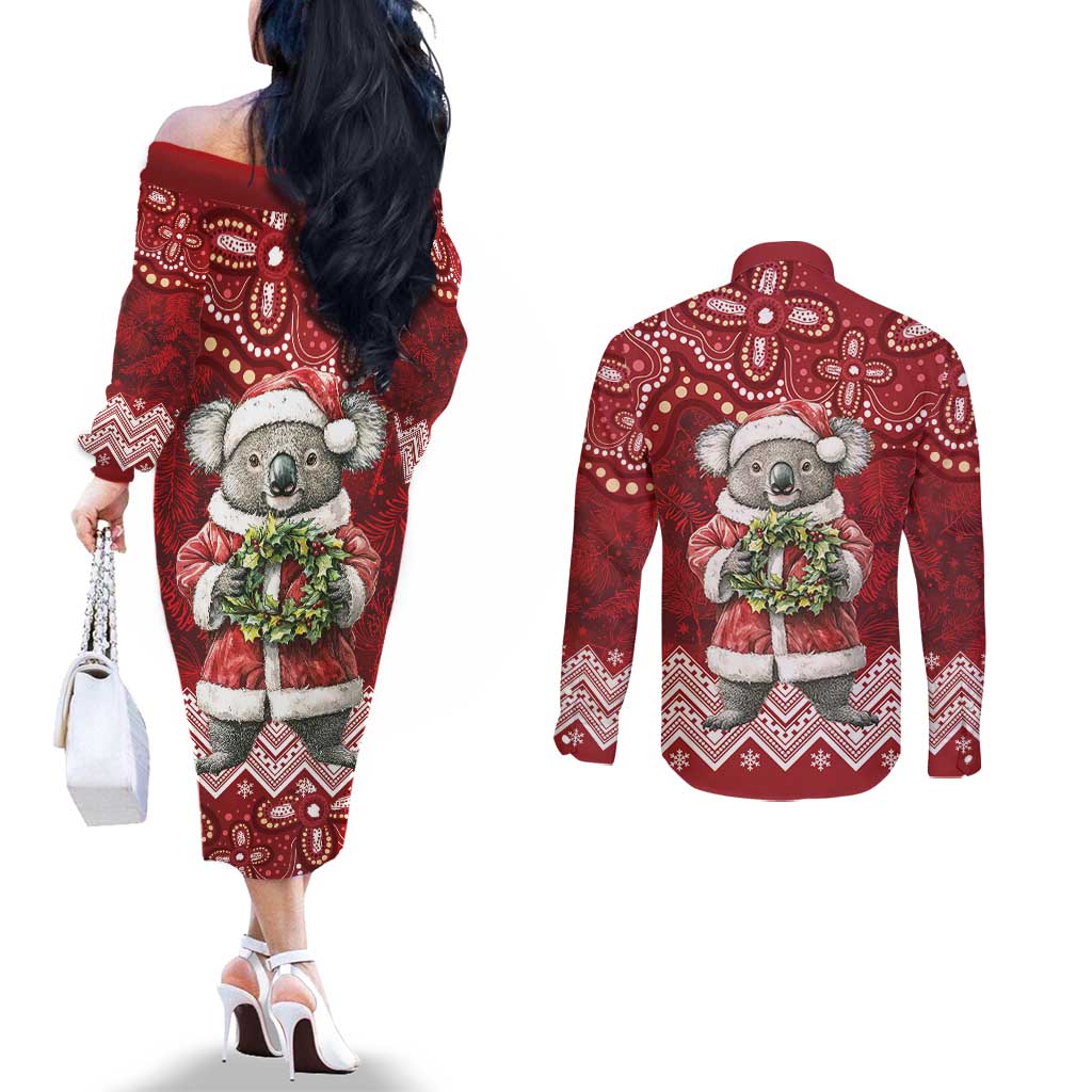 Here For A Koality Xmas Australia Abogirinal Couples Matching Off The Shoulder Long Sleeve Dress and Long Sleeve Button Shirt Santa Koala - Aussie Hoodie