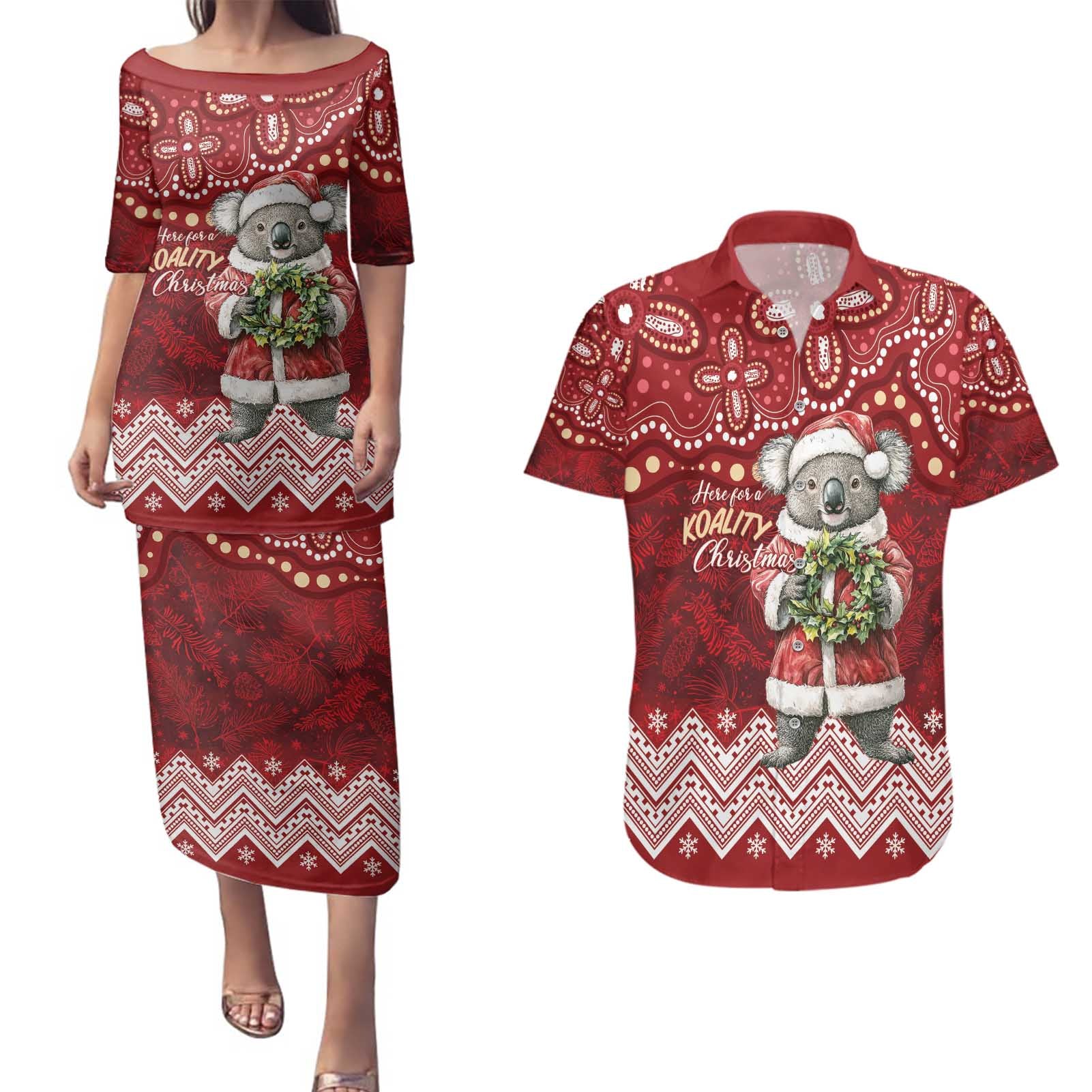 Here For A Koality Xmas Australia Abogirinal Couples Matching Puletasi and Hawaiian Shirt Santa Koala - Aussie Hoodie