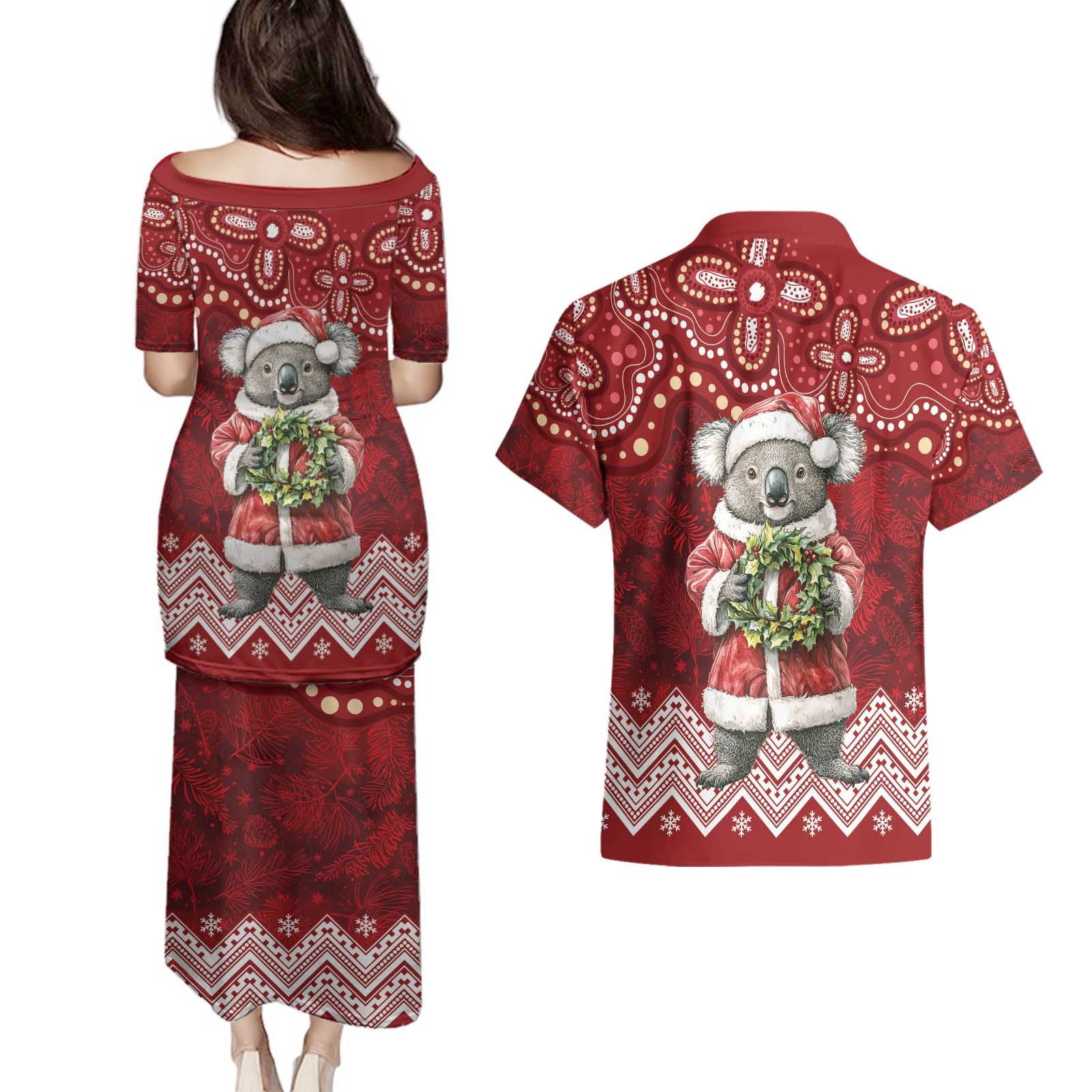 Here For A Koality Xmas Australia Abogirinal Couples Matching Puletasi and Hawaiian Shirt Santa Koala - Aussie Hoodie