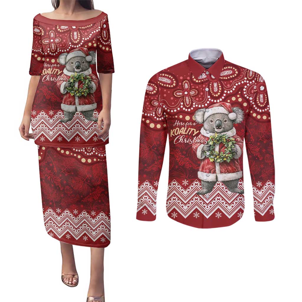 Here For A Koality Xmas Australia Abogirinal Couples Matching Puletasi and Long Sleeve Button Shirt Santa Koala - Aussie Hoodie