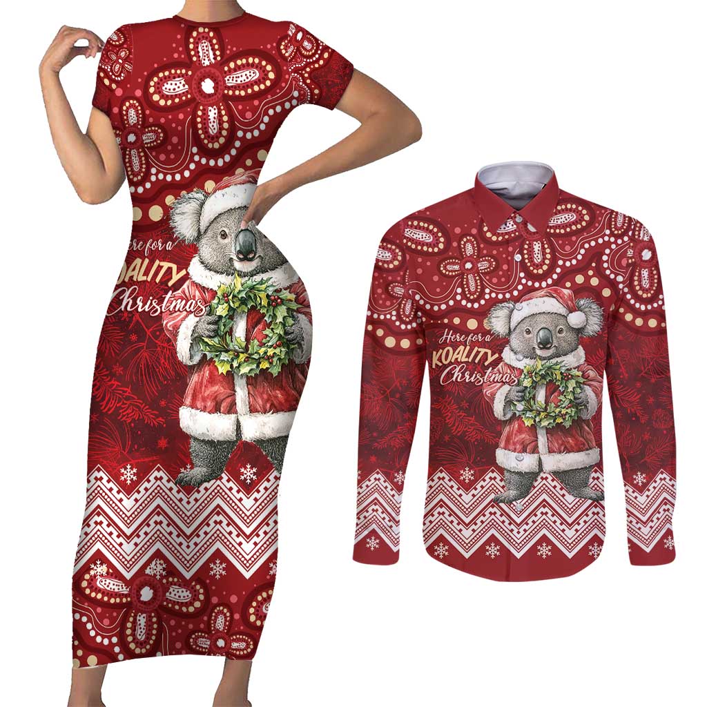 Here For A Koality Xmas Australia Abogirinal Couples Matching Short Sleeve Bodycon Dress and Long Sleeve Button Shirt Santa Koala - Aussie Hoodie