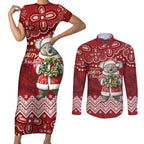 Here For A Koality Xmas Australia Abogirinal Couples Matching Short Sleeve Bodycon Dress and Long Sleeve Button Shirt Santa Koala - Aussie Hoodie
