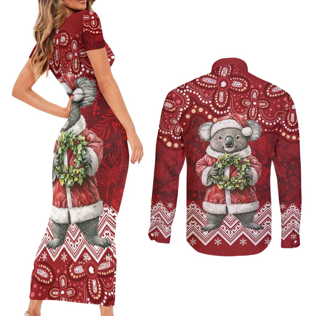 Here For A Koality Xmas Australia Abogirinal Couples Matching Short Sleeve Bodycon Dress and Long Sleeve Button Shirt Santa Koala - Aussie Hoodie