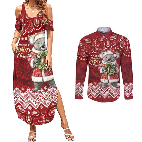 Here For A Koality Xmas Australia Abogirinal Couples Matching Summer Maxi Dress and Long Sleeve Button Shirt Santa Koala - Aussie Hoodie