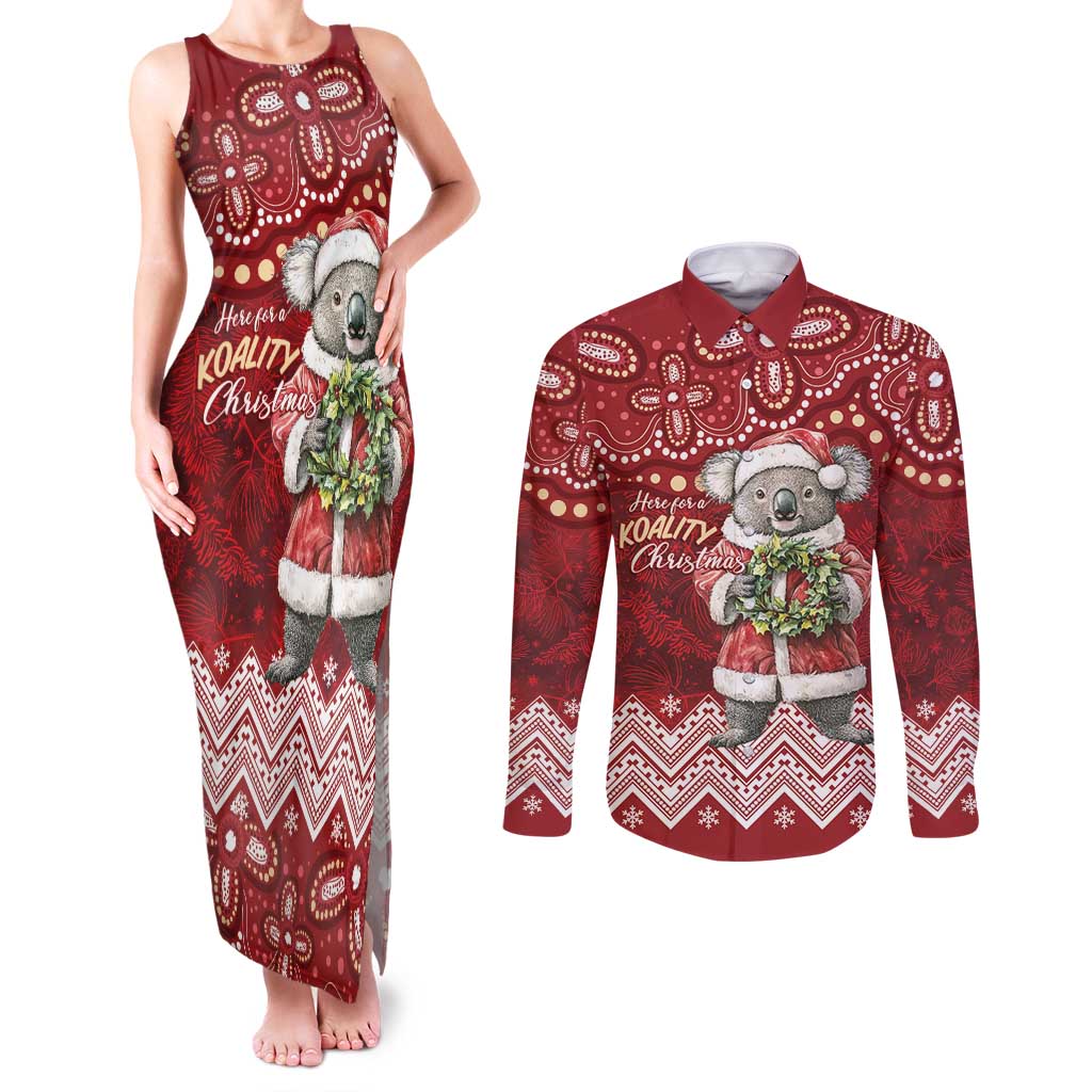 Here For A Koality Xmas Australia Abogirinal Couples Matching Tank Maxi Dress and Long Sleeve Button Shirt Santa Koala - Aussie Hoodie