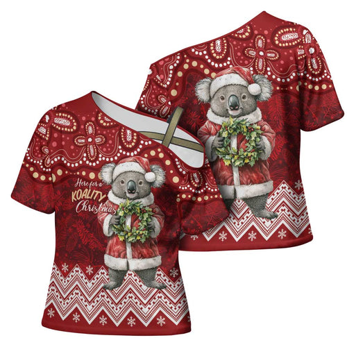 Here For A Koality Xmas Australia Abogirinal Cross Shoulder Shirt Santa Koala - Aussie Hoodie