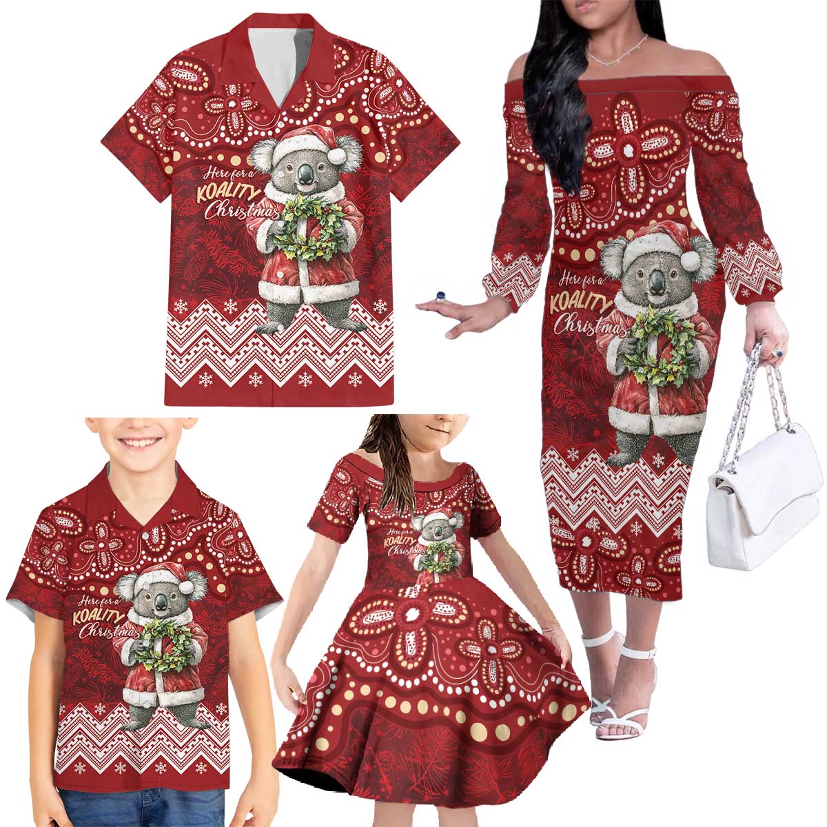 Here For A Koality Xmas Australia Abogirinal Family Matching Off The Shoulder Long Sleeve Dress and Hawaiian Shirt Santa Koala - Aussie Hoodie