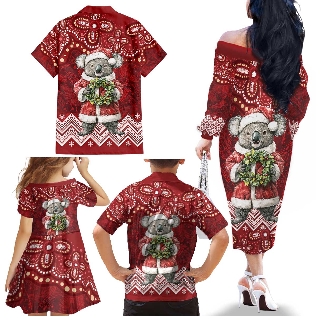 Here For A Koality Xmas Australia Abogirinal Family Matching Off The Shoulder Long Sleeve Dress and Hawaiian Shirt Santa Koala - Aussie Hoodie