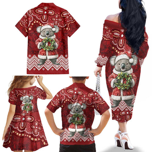 Here For A Koality Xmas Australia Abogirinal Family Matching Off The Shoulder Long Sleeve Dress and Hawaiian Shirt Santa Koala - Aussie Hoodie