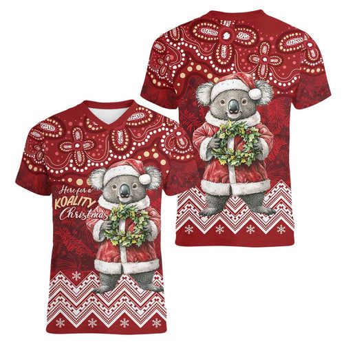 Here For A Koality Xmas Australia Abogirinal Women V-Neck T-Shirt Santa Koala - Aussie Hoodie