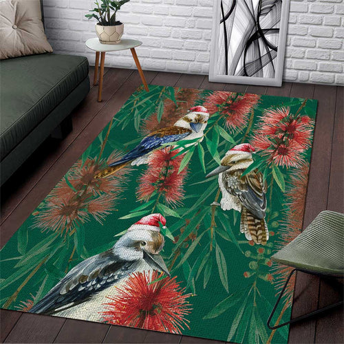 Australia Christmas Area Rug Kookaburra Santa on Callistemon - Forest Green