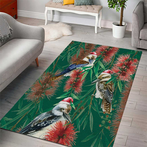 Australia Christmas Area Rug Kookaburra Santa on Callistemon - Forest Green