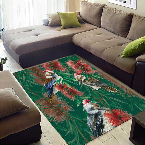 Australia Christmas Area Rug Kookaburra Santa on Callistemon - Forest Green
